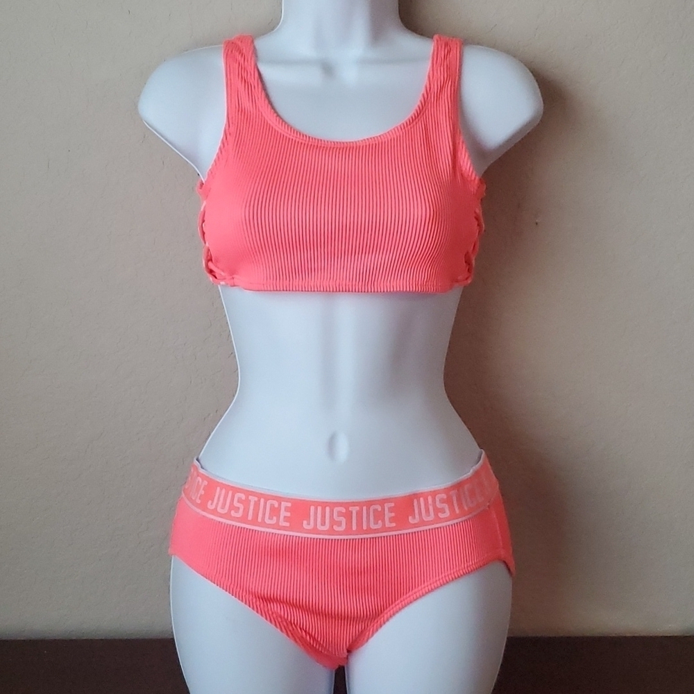 NWOT Justice neon orange 2 piece girls swim suit sz 16 🌛 - Picture 2 of 12